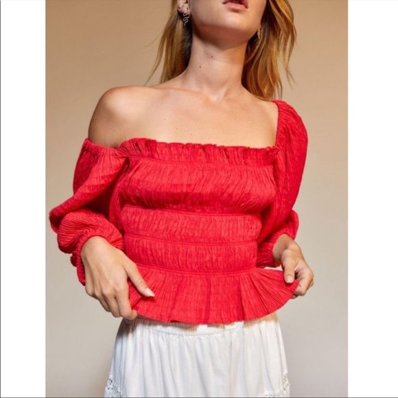 Urban Outfitters Vida Red Smocked Crisscross  Tie Back Off Shoulder Blouse XS - Picture 3 of 8